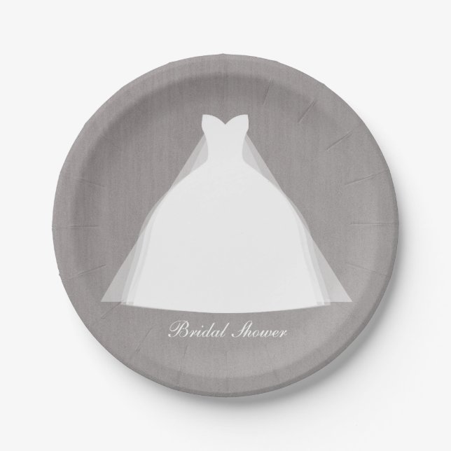 Wedding Dress Modern Glamour Bridal Shower Grey Paper Plate (Front)