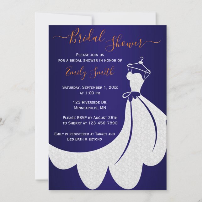 Wedding Dress | Navy Blue and Orange Bridal Shower Invitation (Front)