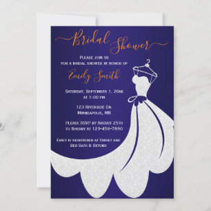 Wedding Dress Navy Blue and Orange Bridal Shower Invitation