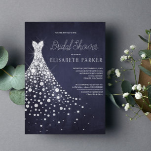 Wedding Dress Navy Blue Chalkboard Bridal Shower Invitation