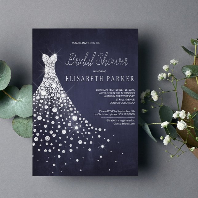 Wedding Dress Navy Blue Chalkboard Bridal Shower Invitation (Creator Uploaded)