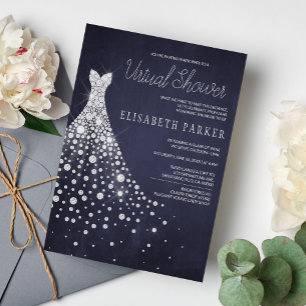 Wedding Dress Navy Blue Chalkboard Virtual Shower Invitation