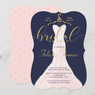 Wedding Dress Navy Gold Bridal Shower Invitation