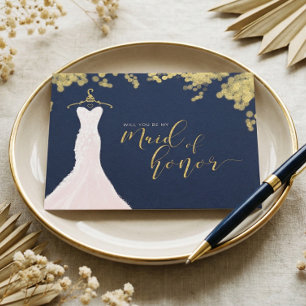 Wedding Dress Navy Gold Will You Be Maid of Honour Invitation Postcard