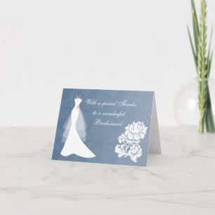 Wedding dress on blue Thank You Bridesmaid card