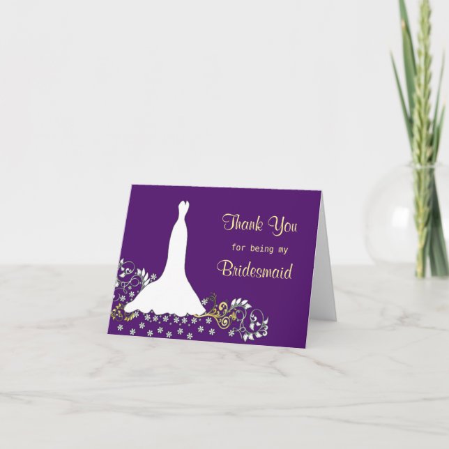 Wedding dress, swirls on purple Thank you Card (Front)