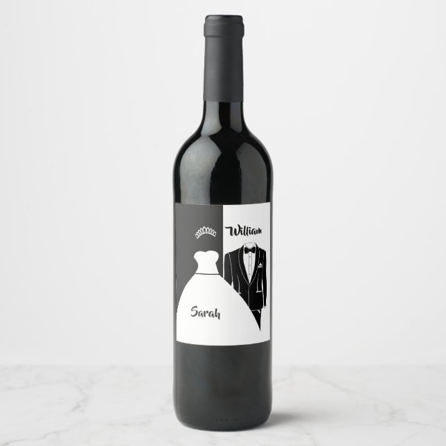 Wedding dress tuxedo black and white wine label (Front)