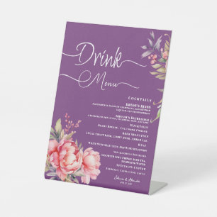 Wedding Drink Menu Deep Purple Pink Peony Pedestal Sign