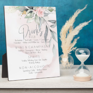 Wedding Drinks Menu BOHO Foliage Pink Rose Plaque