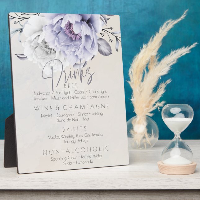 Wedding | Drinks Menu Rustic Lilac Peonies Plaque (Side)