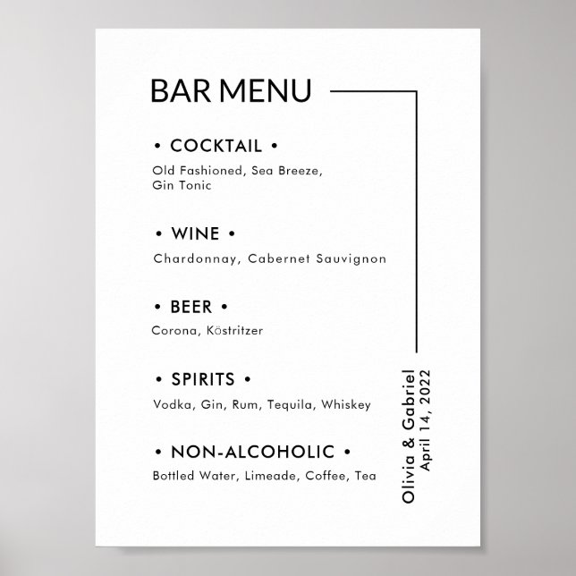Wedding Drinks. Simple Modern Sign Bar Menu (Front)