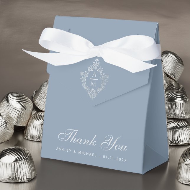 Wedding Dusty Blue Crest Monogram Thank You Favour Box (Creator Uploaded)