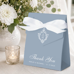Wedding Dusty Blue Crest Monogram White Script Favour Box