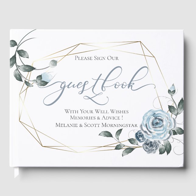 Wedding |  Dusty Blue Floral Gold Frame Guest Book (Front)