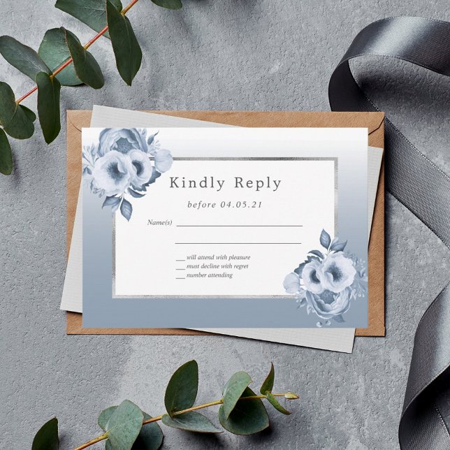 Wedding dusty blue florals chic silver RSVP (Creator Uploaded)