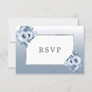 Wedding dusty blue florals chic silver RSVP Card