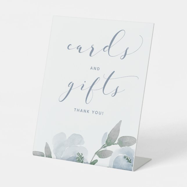 Wedding Dusty Blue & Grey Watercolor Cards Gifts Pedestal Sign (Front)