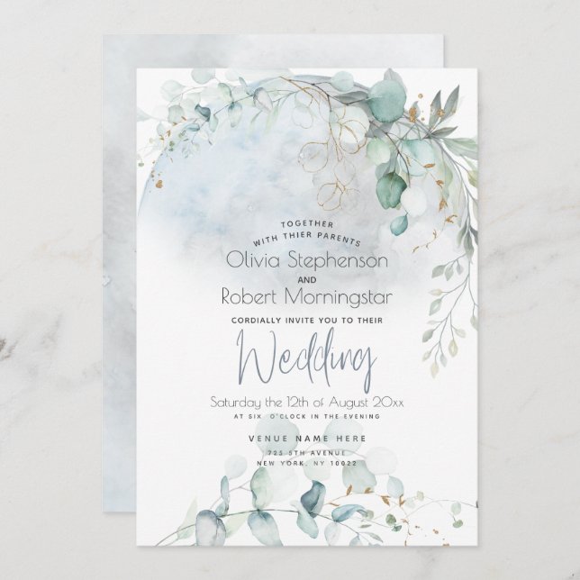 Wedding | Dusty Blue Over the Moon in Love Invitation (Front/Back)