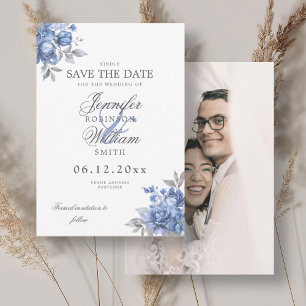 Wedding Dusty Blue Rustic Floral Photo Save Date Save The Date