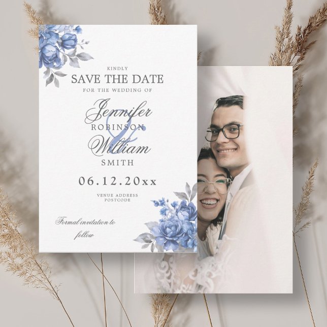 Wedding Dusty Blue Rustic Floral Photo Save Date Save The Date (Wedding Dusty Blue Rustic Floral Photo Save Date Save The Date)