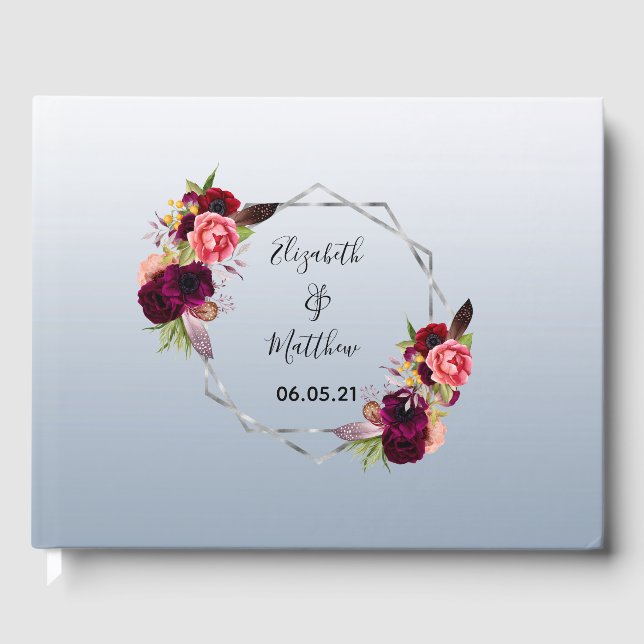 Wedding dusty blue silver geometric floral guest book (Front)