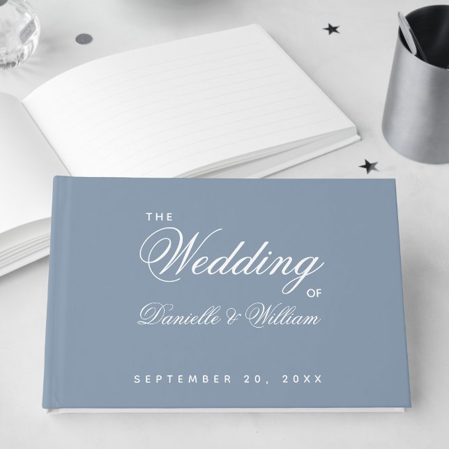 Wedding Dusty Blue Simple Script White Calligraphy Guest Book (Creator Uploaded)