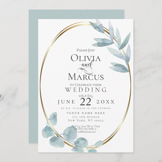 Wedding | Dusty Blue Watercolor Eucalyptus Leaves Invitation (Front/Back)