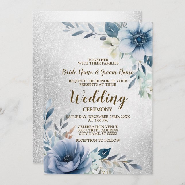 Wedding Dusty Blue Watercolor Flowers Silver Invitation (Front/Back)