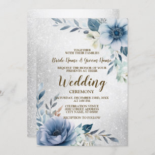 Wedding Dusty Blue Watercolor Flowers Silver Invitation