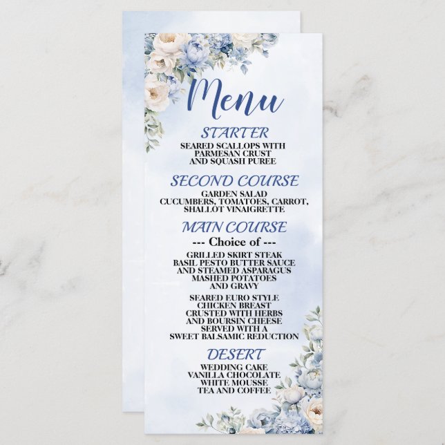 Wedding Dusty Blue Watercolor Ivory Flowers Dinner Menu (Front/Back)
