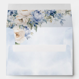 Wedding Dusty Blue Watercolor Ivory Flowers Leaves Envelope