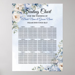 Wedding Dusty Blue Watercolor Ivory Flowers Leaves Poster