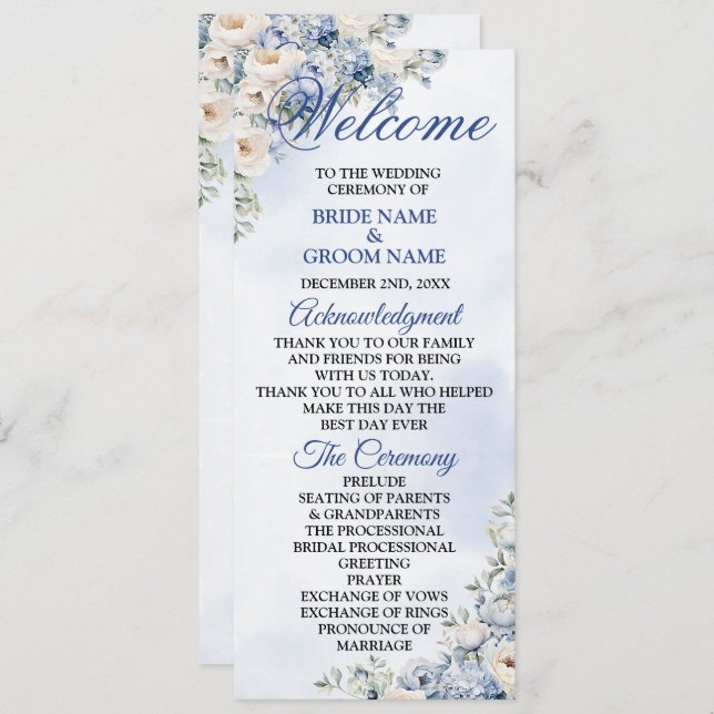 Wedding Dusty Blue Watercolor Ivory Flowers Leaves Programme (Front/Back)