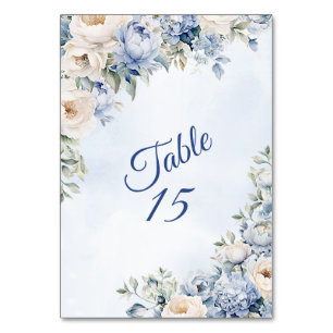 Wedding Dusty Blue Watercolor Ivory Flowers Leaves Table Number