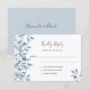 Wedding dusty blue white botanical RSVP Card