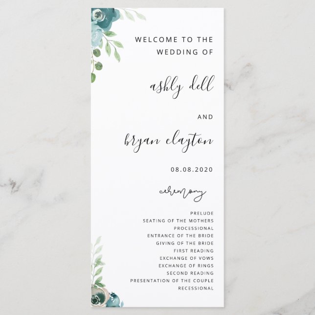 Wedding Dusty Bule Floral Program Programme (Front)