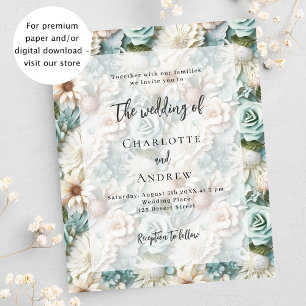 Wedding dusty green white floral budget invitation