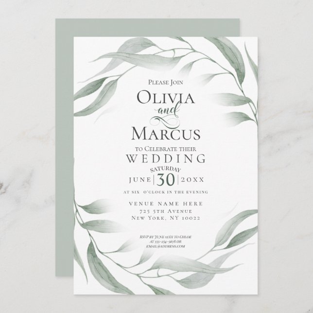 Wedding | Dusty Green Woodland Watercolor Foliage Invitation (Front/Back)