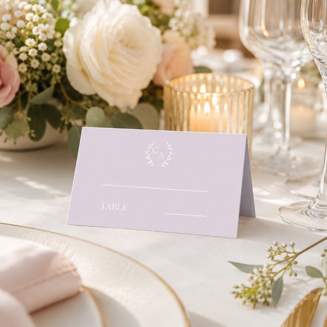 Wedding dusty lavender cream monogrammed wreath place card (Creator Uploaded)