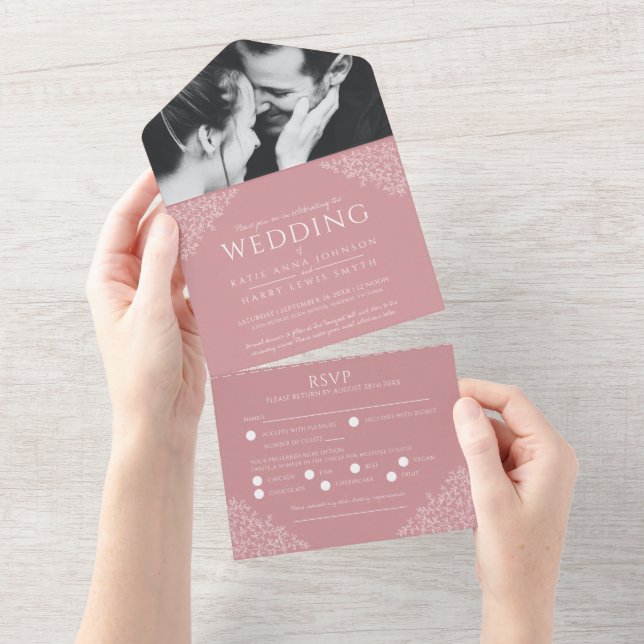 Wedding dusty pink white leaves photo meal RSVP All In One Invitation (Tearaway)