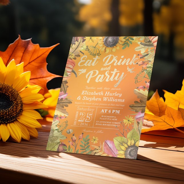 Wedding EAT Drink and Party Maple Leaves Pumpkins  Invitation (Creator Uploaded)