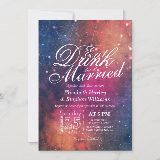 Wedding EAT Drink Be Married Galaxy Constellations Invitation (Front)