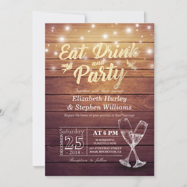 Wedding EAT Drink Party Champagne Glass Wood Light Invitation (Front)