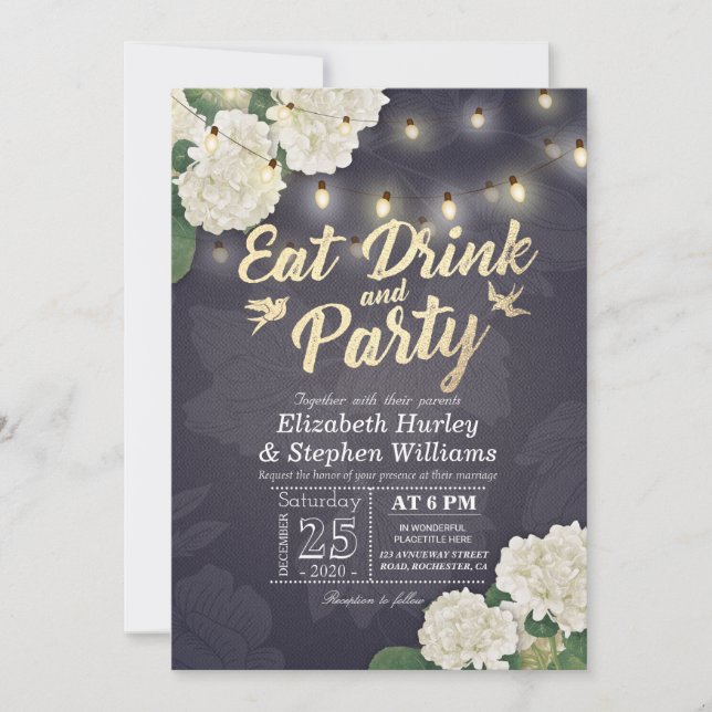 Wedding EAT Drink & Party Hydrangeas String Lights Invitation (Front)