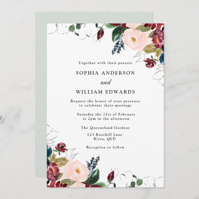 Wedding Elegance: Burgundy Blush Navy Wedding Invitation (Front/Back)