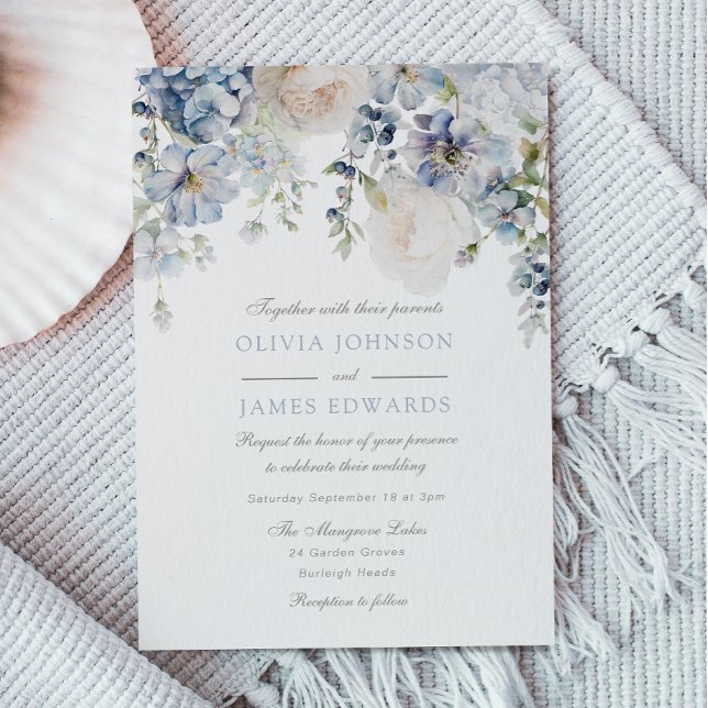 Wedding Elegance Dusty Blue & White Floral Wedding Invitation (Creator Uploaded)