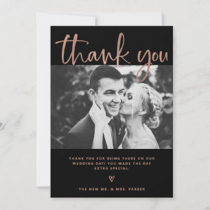 Wedding Elegant Black and Rose Gold with Photos Thank You Card