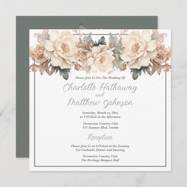 Wedding Elegant Bold Floral Cream Taupe Invitation (Front/Back)
