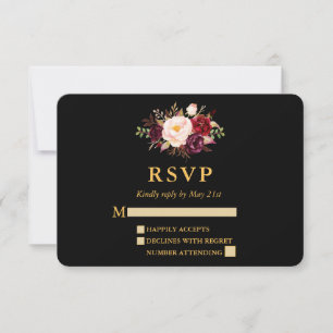Wedding Elegant Burgundy Floral Black Gold RSVP Card