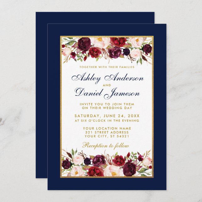 Wedding Elegant Burgundy Floral Gold Blue Invitation (Front/Back)